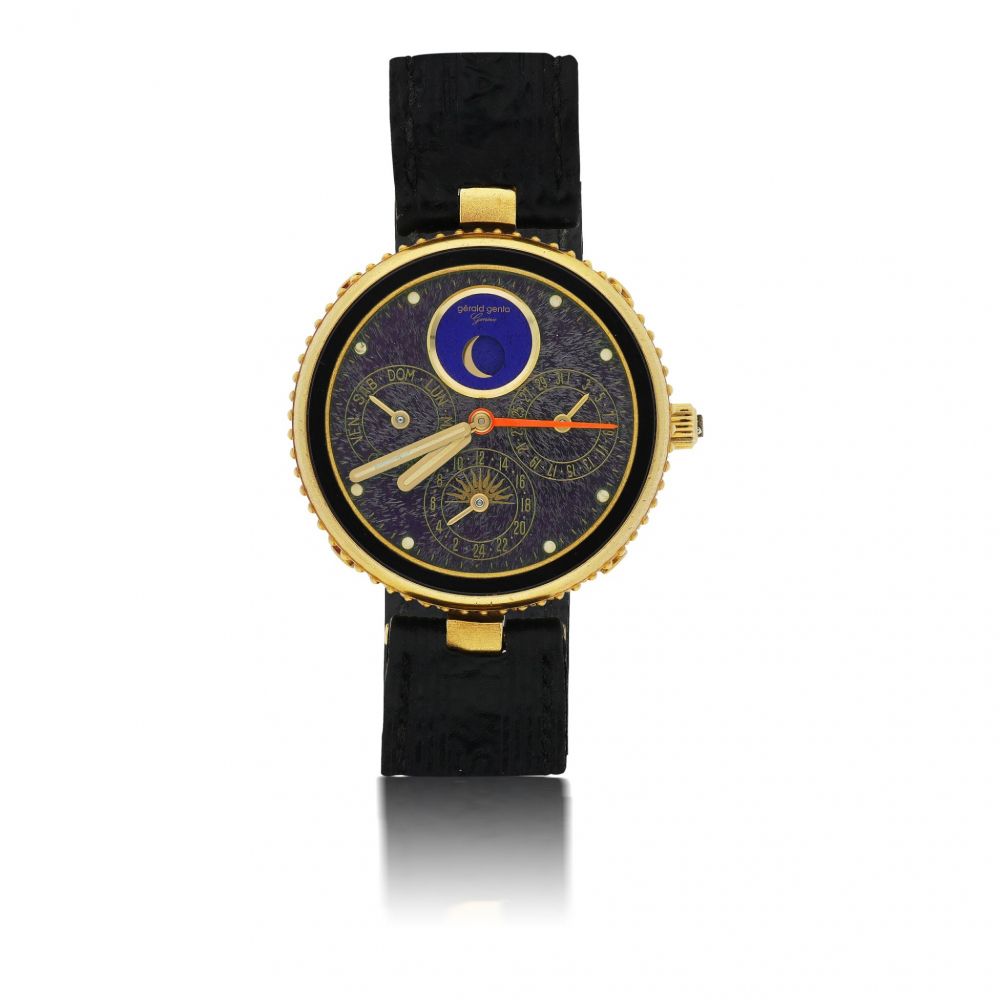 GÉRALD GENTA | GEFICA SAFARI REF 2798, A YELLOW GOLD QUARTZ DUAL TIME WRISTWATCH WITH DATE, DATE AND MOON PHASES CIRCA 1990