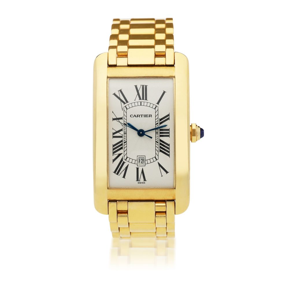 CARTIER | REFERENCE 1740 TANK AMERICAINE A YELLOW GOLD RECTANGULAR WRISTWATCH WITH DATE AND BRACELET, CIRCA 1995