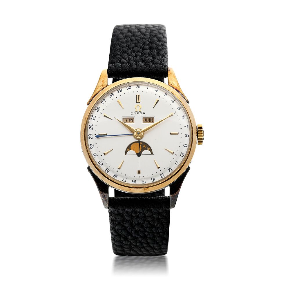 OMEGA | REFERENCE 2606-2 A STAINLESS STEEL AND PLATED GOLD TRIPLE CALENDAR WRISTWATCH WITH MOON PHASES, CIRCA 1950