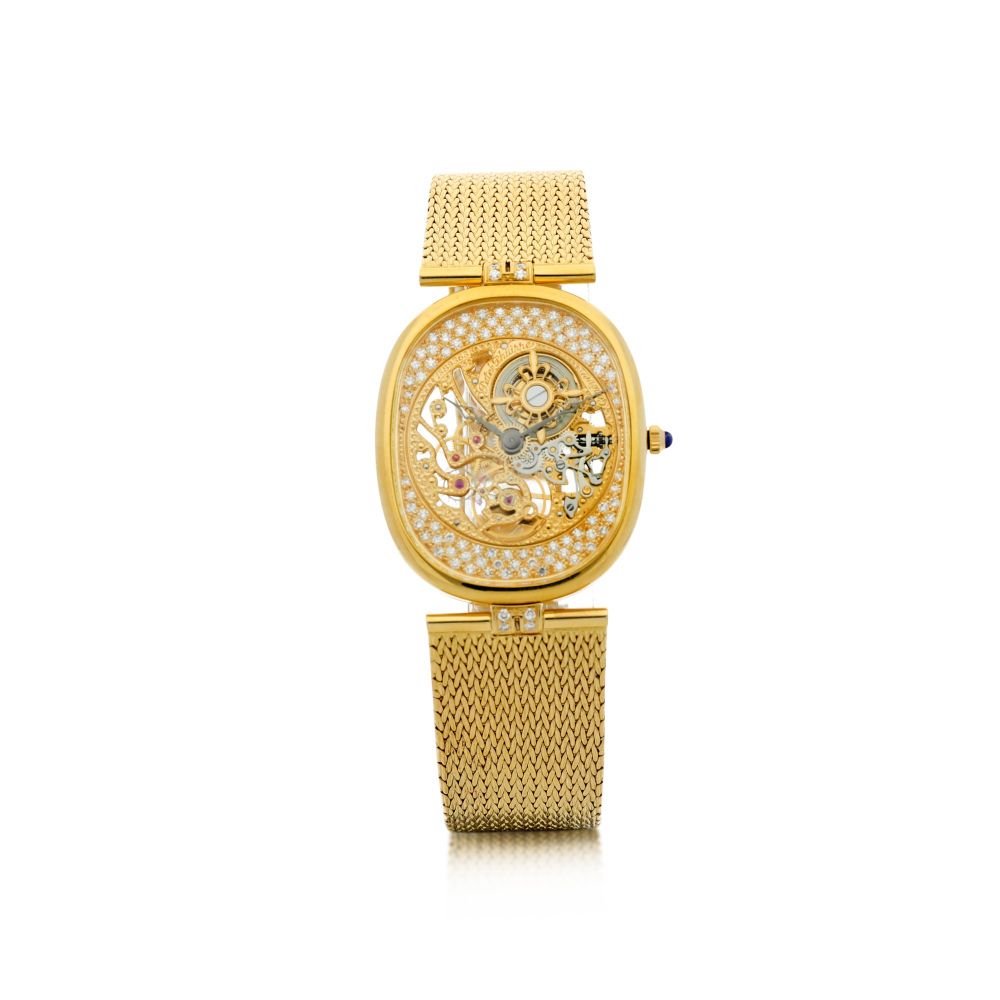 PATEK PHILIPPE | REFERENCE 3881/1 A YELLOW GOLD AND DIAMOND-SET OVAL SKELETONIZED BRACELET WATCH, MADE IN 1984