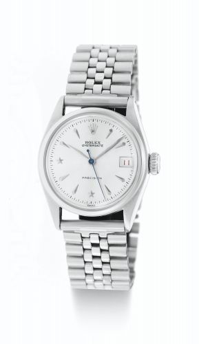 Rolex.A RARE STAINLESS STEEL CENTRE SECONDS WRISTWATCH WITH STAR DIAL, RED DATE AND BRACELET REF 6066 CASE 873704 PRECISION CIRCA 1952