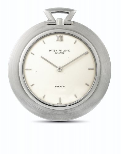 Patek Philippe.A WHITE GOLD SLIM OPEN-FACED KEYLESS LEVER WATCH, RETAILED BY SOMAZZI REF 855/1 MVT 1167549 CASE 432394 MADE IN 1971