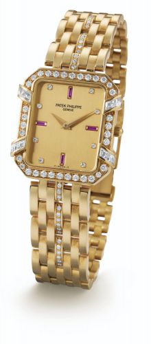 Patek Philippe.A YELLOW GOLD AND DIAMOND-SET RECTANGULAR BRACELET WATCH REF 3833 MVT 1549506 CASE 2896413 MADE IN 1992