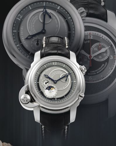 Michel Jordi.A RARE LIMITED EDITION SWIVELLING WHITE GOLD SINGLE BUTTON CHRONOGRAPH WRISTWATCH WITH MOON-PHASES AND POWER RESERVE INDICATION NO 47/99 HERITAGE & TRADITION CIRCA 2005