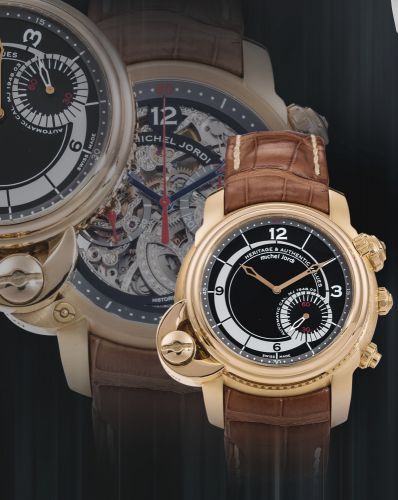 Michel Jordi.A RARE AND UNUSUAL LIMITED EDITION SWIVELLING PINK GOLD SKELETONIZED CHRONOGRAPH WRISTWATCH WITH TWIN CASES AND DIALS NO 13/28 TWINS SQUELETTE HDV CIRCA 2007