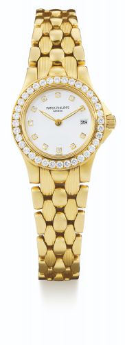 Patek Philippe.A LADY'S YELLOW GOLD AND DIAMOND-SET BRACELET WATCH WITH DATE REF 4881/10 MVT 1536937 CASE 4004356 NEPTUNE CIRCA MADE IN 1995