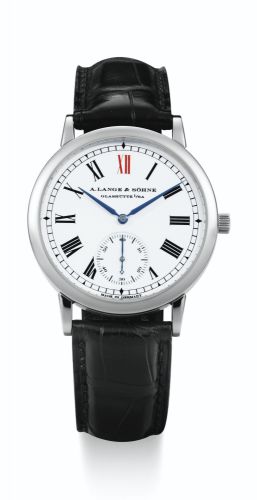 A. Lange & Söhne.A FINE PLATINUM AUTOMATIC WRISTWATCH WITH ENAMEL DIAL NO 133/500 ANNIVERSARY LANGEMATIK CIRCA 2001
