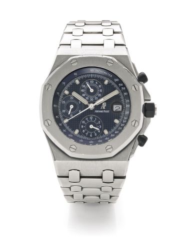 Audemars Piguet.AN OVERSIZED STAINLESS STEEL AUTOMATIC CHRONOGRAPH WRISTWATCH WITH REGISTERS DATE TACHOMETER AND BRACELET REF 25721ST NO 322 MVT 394074 CASE D46084 ROYAL OAK OFFSHORE CIRCA 1995