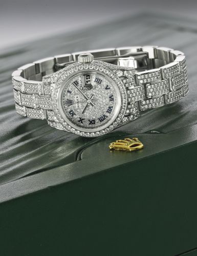 Rolex.A LADY'S FINE AND RARE WHITE GOLD DIAMOND-SET CENTRE SECONDS BRACELET WATCH WITH DATE AND BRACELET REF 179459/2329 MVT 1733874 CASE K587932 DATEJUST CIRCA 2002