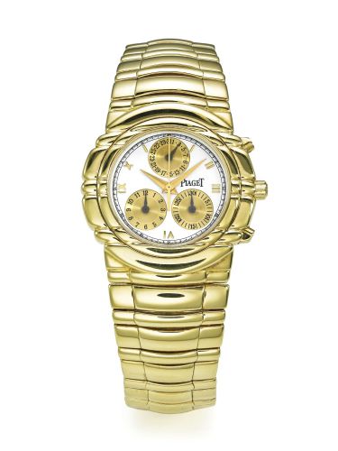 Piaget.A YELLOW GOLD CHRONOGRAPH BRACELET WATCH WITH REGISTERS AND DATE REF 14081 M 401 D MVT 9412434 CASE 582730 TANAGRA CIRCA 1995