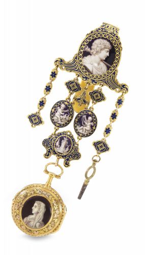 Gregson, Paris.A TWO COLOUR GOLD AND ENAMEL VERGE WATCH WITH CHATELAINE NO 382 CIRCA 1790