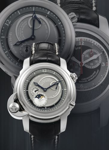 Michel Jordi.A RARE LIMITED EDITION SWIVELLING WHITE GOLD SINGLE BUTTON CHRONOGRAPH WRISTWATCH WITH MOON-PHASES AND POWER RESERVE INDICATION NO 48/99 HERITAGE & TRADITION CIRCA 2005