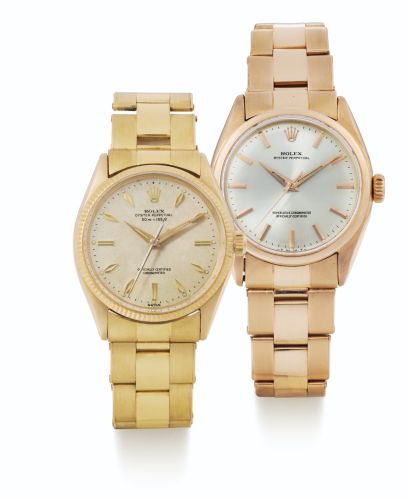Rolex.TWO YELLOW/PINK GOLD AUTOMATIC CENTER SECONDS WRISTWATCHES WITH BRACELETS REF 6567 CASE 157658 CIRCA 1941 REF 6084 CASE 727757 CIRCA 1952