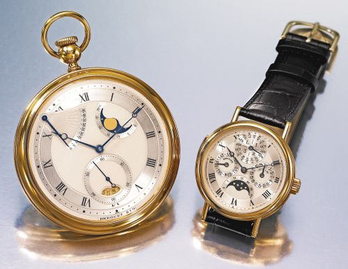 Breguet.A FINE AND RARE SET OF TWO YELLOW GOLD WATCHES, COMPRISED OF A MINUTE REPEATING PERPETUAL CALENDAR WRISTWATCH WITH MOON PHASES AND LEAP YEAR INDICATION AND A PERPÉTUELLE WATCH WITH MOON PHASES, DATE AND POWER RESERVE INDICATION REF 3430 AND REF 18