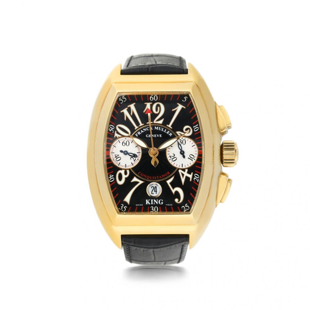 FRANCK MULLER | REFERENCE 8005 CC KING CONQUISTADOR A YELLOW GOLD TONNEAU-SHAPED AUTOMATIC CHRONOGRAPH WRISTWATCH WITH DATE, CIRCA 2001