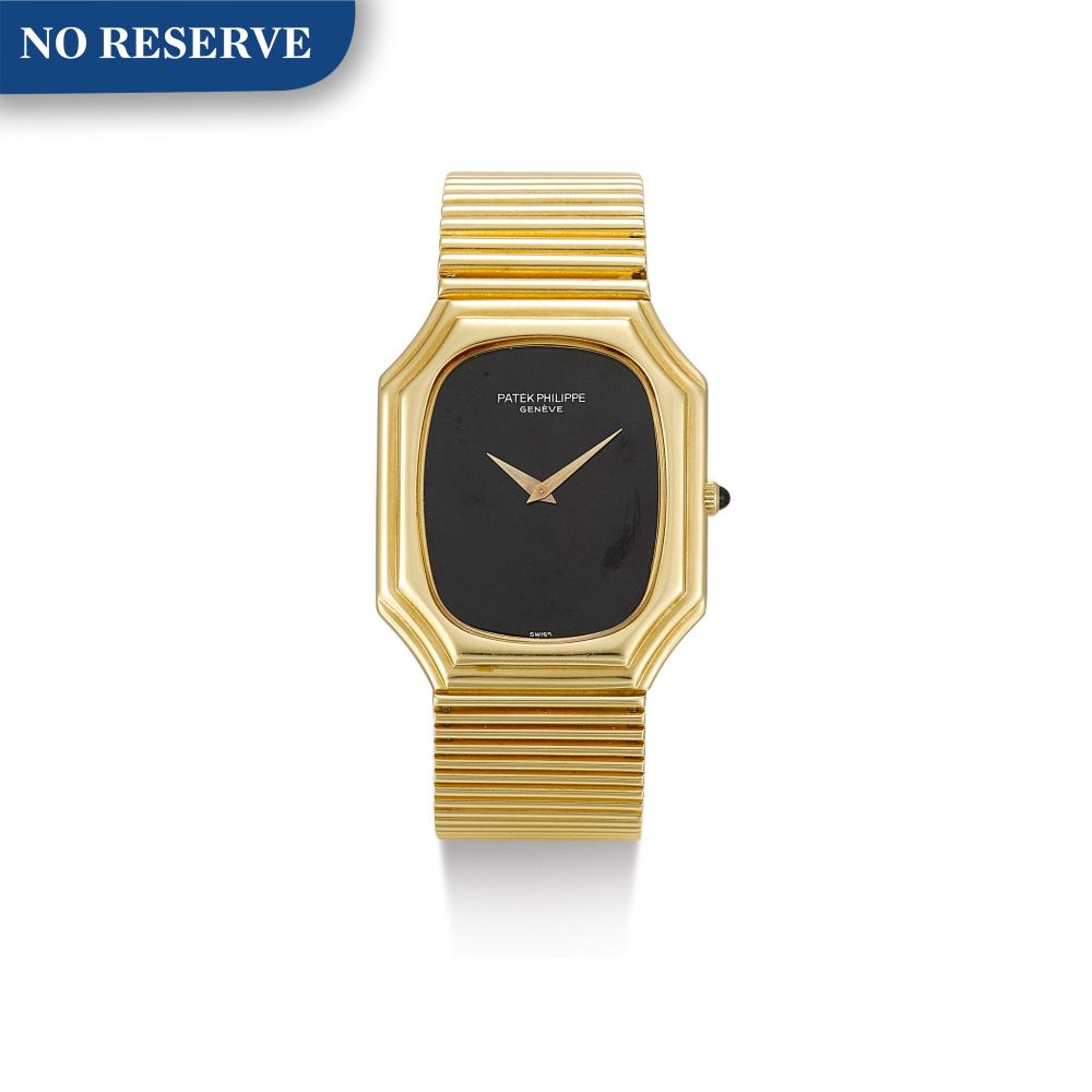 PATEK PHILIPPE | REFERENCE 3729/1, A YELLOW GOLD BRACELET WATCH WITH ONYX DIAL, MADE IN 1976