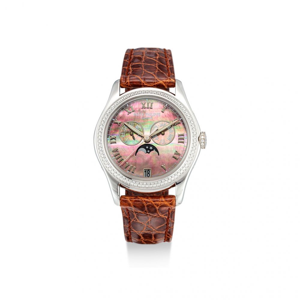 PATEK PHILIPPE | REFERENCE 4936A WHITE GOLD AND DIAMOND-SET ANNUAL CALENDAR WRISTWATCH WITH MOON PHASES AND MOTHER-OF-PEARL DIAL, MADE IN 2008