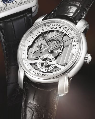 Vacheron Constantin.A FINE LIMITED EDITION PLATINUM AUTOMATIC SEMI-SKELETONISED WRISTWATCH WITH DAY AND RETROGRADE DATE REF 47247 CASE 768760 NO 064/247 CIRCA 2002