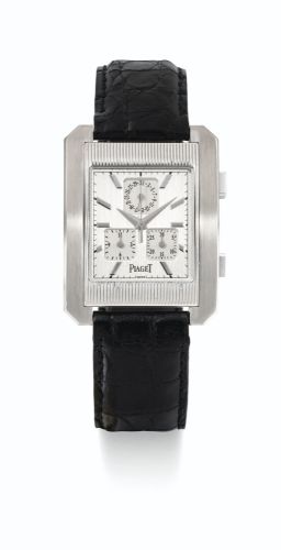 Piaget.A WHITE GOLD RECTANGULAR CHRONOGRAPH WRISTWATCH WITH DATE AND REGISTERS REF 14600 SERIAL 875285 PROTOCOLE CIRCA 2000