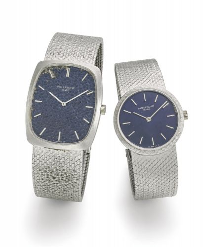 Patek Philippe.A LOT OF TWO WHITE GOLD BRACELET WATCHES REF 3338/2 MVT 1248679 CASE 2729820 MADE IN 1973 AND REF 3567/1 MVT 1175018 CASE 2729601 MADE IN 1973