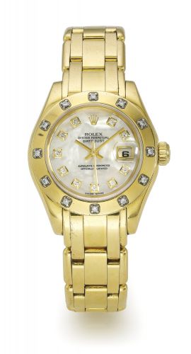 Rolex.A LADY'S YELLOW GOLD AND DIAMOND-SET AUTOMATIC CENTRE SECONDS WRISTWATCH WITH DATE AND BRACELET REF 80318 CASE K581823 DATEJUST PEARLMASTER CIRCA 2001