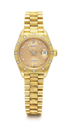 Rolex.A LADY'S YELLOW GOLD AND DIAMOND-SET AUTOMATIC CENTRE SECONDS WRISTWATCH WITH DATE AND BRACELET REF 69288 CASE X811055 DATEJUST CIRCA 1991