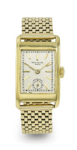 Patek Philippe.RETAILED BY EBERHARD, MILAN: A FINE YELLOW GOLD RECTANGULAR WRISTWATCH WITH BRACELET REF 477 MVT 830948 CASE 613756 MADE IN 1936