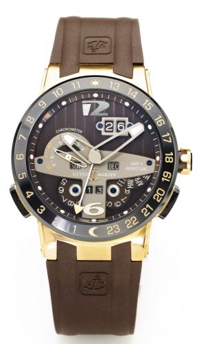 Ulysse Nardin.A LIMITED EDITION PINK GOLD AND CERAMIC AUTOMATIC PERPETUAL CALENDAR DUAL TIME WRISTWATCH WITH JUMP HOUR AND YEAR INDICATION REF 322-00 NO 010 EL TORO CIRCA 2014