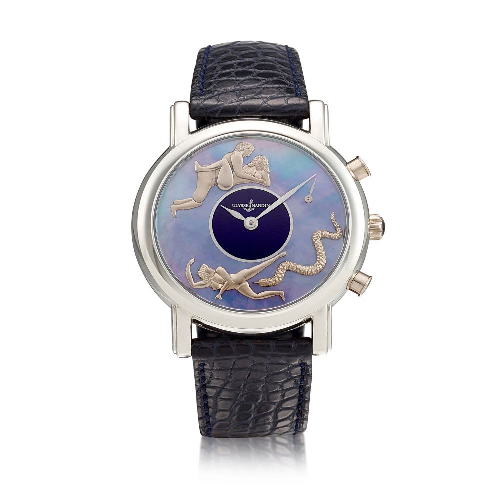 Ulysse Nardin | San Marco, Reference 769-20, A platinum hour repeating and half hour striking wristwatch with erotic automaton and mother-of-pearl dial, Circa 1998 | 雅典 | San Marco 型號769-20 鉑金單問及半小時報時腕錶，備春宮活動人偶及珠母貝錶盤，約1998年製
