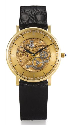 Vacheron Constantin.A YELLOW GOLD SKELETONIZED WRISTWATCH WITH DIAMOND-SET INDEXES REF 36003 CASE 582693 CIRCA 1990.A YELLOW GOLD SKELETONIZED WRISTWATCH WITH DIAMOND-SET INDEXES REF 36003 CASE 582693 CIRCA 1990