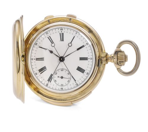 Swiss.RETAILED BY T. KIRKPATRICK NEW YORK: A PINK GOLD HUNTING CASED MINUTE REPEATING SPLIT SECONDS KEYLESS WATCH CASE 88991 CIRCA 1900.RETAILED BY T. KIRKPATRICK NEW YORK: A PINK GOLD HUNTING CASED MINUTE REPEATING SPLIT SECONDS KEYLESS WATCH CASE 88991 
