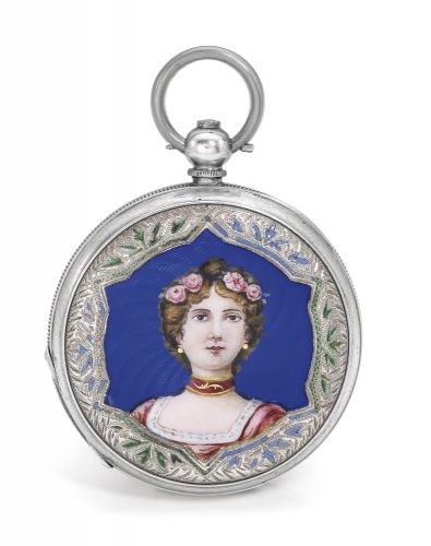 Edouard Juvet.A SILVER AND ENAMEL HUNTER CASED KEY-WOUND KEYLESS LEVER WATCH MADE FOR THE CHINESE MARKET CIRCA 1860.A SILVER AND ENAMEL HUNTER CASED KEY-WOUND KEYLESS LEVER WATCH MADE FOR THE CHINESE MARKET CIRCA 1860