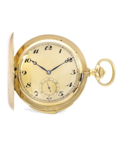 Attributed to Paul Ditisheim.A FINE AND RARE 18K GOLD HUNTING CASED KEYLESS MINUTE REPEATING CARILLON WATCH NO 51338 CIRCA 1910.A FINE AND RARE 18K GOLD HUNTING CASED KEYLESS MINUTE REPEATING CARILLON WATCH NO 51338 CIRCA 1910