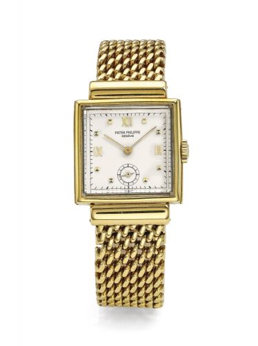 Patek Philippe.A YELLOW GOLD SQUARE WRISTWATCH AND BRACELET REF 1486 MVT 954908 CASE 657182 MADE IN 1950.A YELLOW GOLD SQUARE WRISTWATCH AND BRACELET REF 1486 MVT 954908 CASE 657182 MADE IN 1950