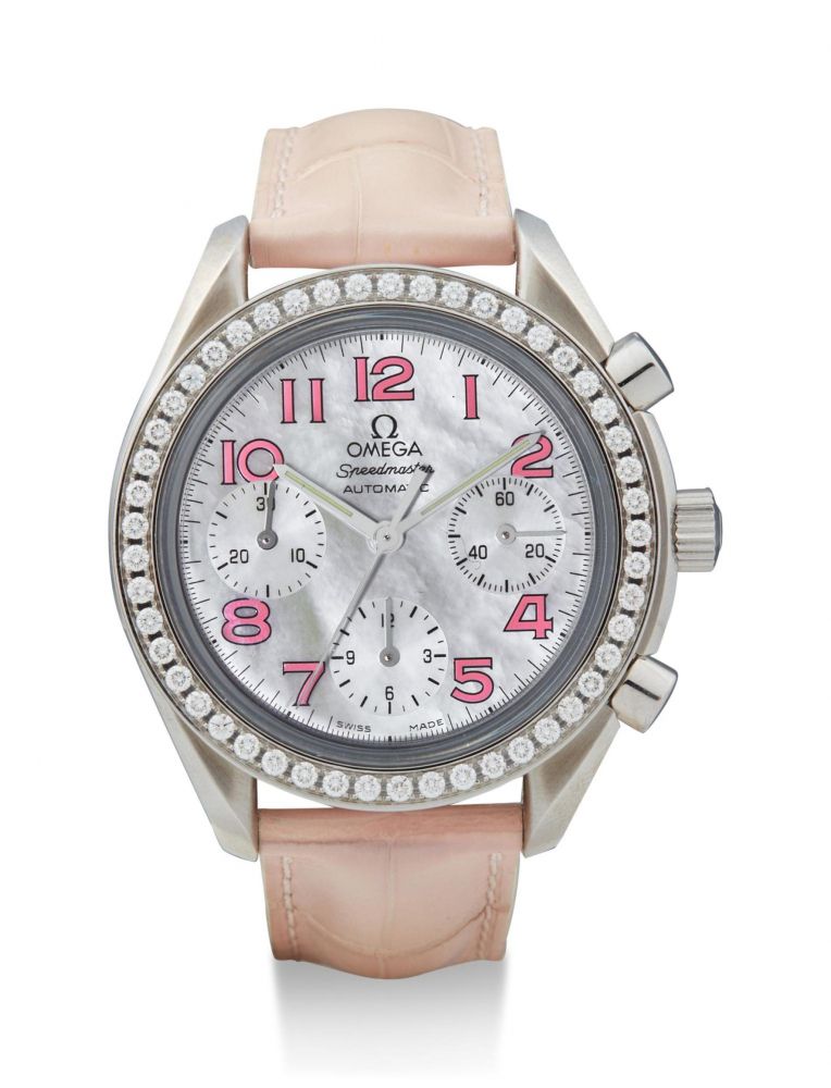 OMEGA | SPEEDMASTER, REFERENCE 3835.74.34, A STAINLESS STEEL AND DIAMOND-SET CHRONOGRAPH WRISTWATCH WITH MOTHER OF PEARL DIAL, CIRCA 2012