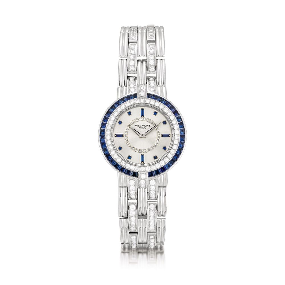 Patek Philippe | Reference 3982/11, A white gold, diamond and sapphire-set bracelet watch, Made in 1988 | 百達翡麗 | 型號3982/11 白金鑲鑽石及藍寶石鏈帶腕錶，1988年製