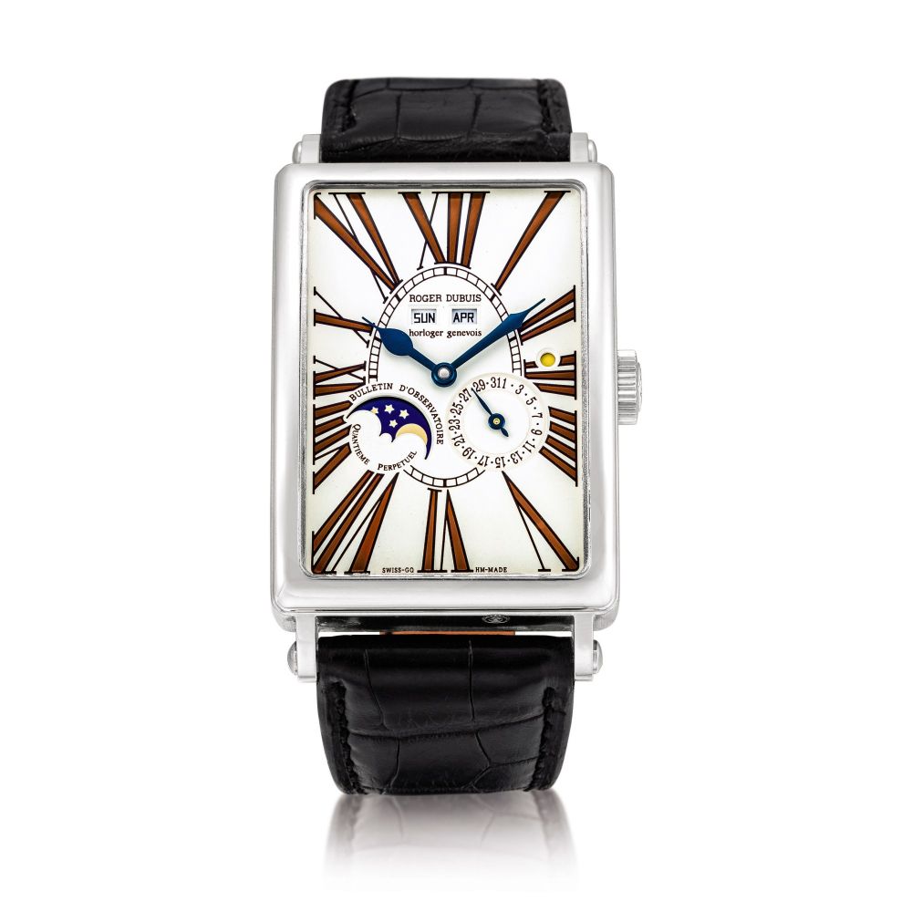 Roger Dubuis | Much More Quantieme Perpetual, A limited edition white gold perpetual calendar wristwatch with moon phases and leap year indication, Circa 2000 | 羅杰杜彼 | Much More Quantieme Perpetual 限量版白金萬年曆腕錶，備月相及閏年顯示，約2000年製
