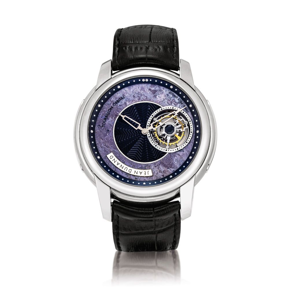 Jean Dunand and Christophe Claret | Piece Unique Tourbillon Orbital, Reference IO1960, A unique white gold tourbillon wristwatch with moon phases, power reserve indication and purple hardstone dial, Circa 2009 | Piece Unique Tourbillon Orbital 型號IO1960 獨一
