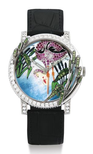 Boucheron.A WHITE GOLD AND DIAMOND-SET AUTOMATIC WRISTWATCH WITH MOTHER-OF-PEARL, DIAMOND, PINK SAPPHIRE AND TSAVORITE-SET DIAL CRAZY JUNGLE FLAMINGO 2011.A WHITE GOLD AND DIAMOND-SET AUTOMATIC WRISTWATCH WITH MOTHER-OF-PEARL, DIAMOND, PINK SAPPHIRE AND T