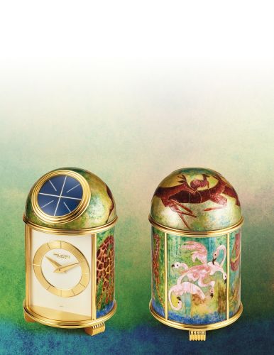 Patek Philippe.AN UNUSUAL AND RARE GILT BRASS AND ENAMEL SOLAR POWERED DOME CLOCK WITH MECHANICAL MOVEMENT REF 788/7 MVT 873597 CASE 2191 SAFARI MADE IN 1964.AN UNUSUAL AND RARE GILT BRASS AND ENAMEL SOLAR POWERED DOME CLOCK WITH MECHANICAL MOVEMENT REF 7