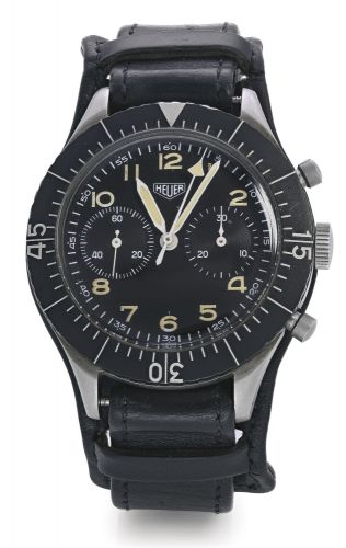 Heuer A STAINLESS STEEL FLYBACK CHRONOGRAPH MILITARY 'BUND' WRISTWATCH WITH 30 MN REGISTERS REF 1550 SG CASE 8398 MADE FOR THE GERMAN MILITARY ASSIGNATION NUMBER 6645-12-146-3774 CIRCA 1970