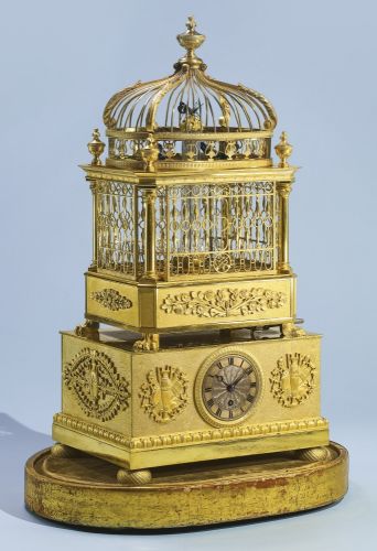 Bautte & Moynier AN EXCEPTIONAL THREE TUNE MUSICAL AUTOMATON BIRD CAGE CLOCK WITH DOUBLE SINGING BIRDS AND A BUTTERFLY, GENEVA 1825-1830