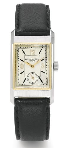 Patek Philippe A STAINLESS STEEL AND PINK GOLD RECTANGULAR WRISTWATCH REF 466 MVT 825229 CASE 614597 MADE IN 1934