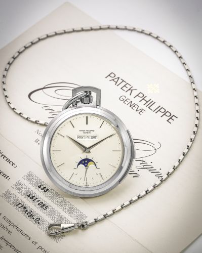 Patek Philippe A FINE AND EXTREMELY RARE WHITE GOLD OPEN-FACED MINUTE REPEATING PERPETUAL CALENDAR WATCH WITH MOON-PHASES REF 844 MVT 861085 CASE 316550 MADE IN 1973