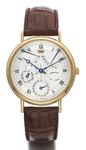 Breguet A FINE AND RARE YELLOW GOLD AUTOMATIC PERPETUAL CALENDAR WRISTWATCH WITH POWER RESERVE AND EQUATION OF TIME REF 3477 NO 1146 MVT 10489 CIRCA 2000