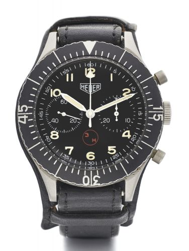 Heuer A STAINLESS STEEL FLYBACK CHRONOGRAPH MILITARY 'BUND' 3H WRISTWATCH WITH REGISTERS REF 1550 SG CASE 374835 MADE FOR THE GERMAN MILITARY NUMBER 6645-12-146-3774 CIRCA 1970