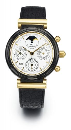 IWC A CERAMIC AND YELLOW GOLD AUTOMATIC PERPETUAL CALENDAR CHRONOGRAPH WRISTWATCH WITH MOON-PHASES AND REGISTERS REF 3755 MVT 2414465 CASE 2390246 DA VINCI CIRCA 1995