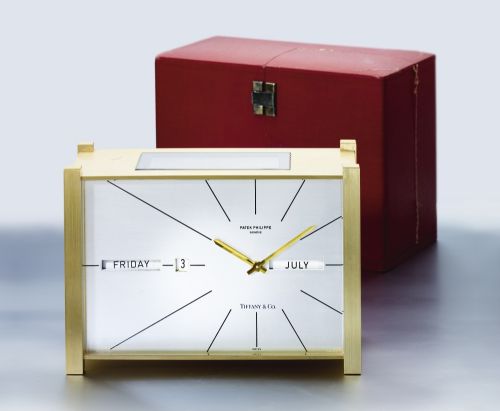 Patek Philippe RETAILED BY TIFFANY & CO.: A FINE AND RARE GILT BRASS SOLAR POWERED TABLE CLOCK WITH PERPETUAL CALENDAR REF 503 MVT 874216 CASE 1804 MADE IN 1968