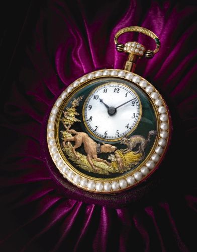 Piguet & Meylan: The Barking Dog A SMALL GOLD, ENAMEL AND PEARL QUARTER REPEATING AUTOMATON WATCH FOR THE CHINESE MARKET NO 280 CIRCA 1814