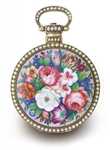 Vaucher Fleurier A FINE AND RARE LARGE GILT, ENAMEL SPLIT PEARL-SET AND OPEN-FACED CENTER SECONDS WATCH NO 757 MADE FOR THE CHINESE MARKET CIRCA 1850